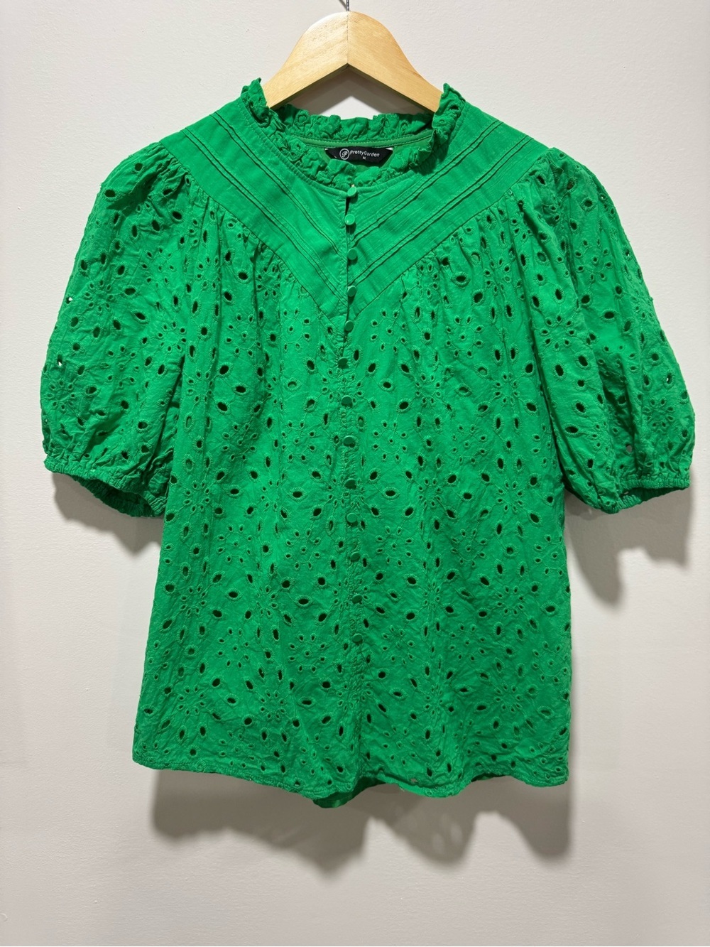 PRETTYGARDEN Emerald Green Eyelet Puff Sleeve Lined 100% Cotton Embroidered Top
